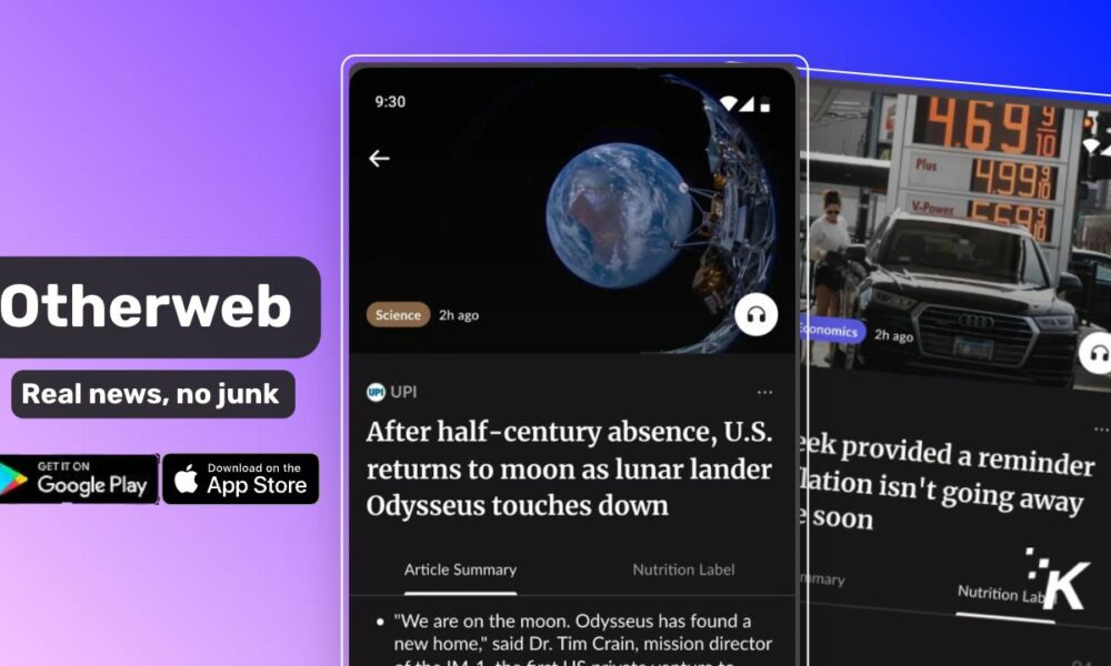 Screenshots of Otherweb news app featuring science and economics articles.