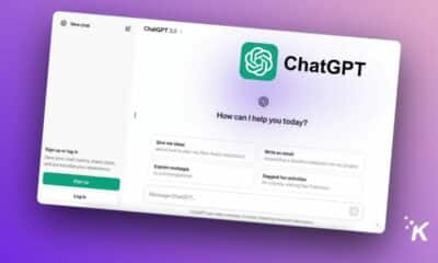 A screenshot of a hypothetical ChatGPT interface with the logo and the prompt "How can I help you today?" alongside example tasks such as idea generation, explaining concepts, and writing an email. There are options to sign up or log in at the bottom left corner.