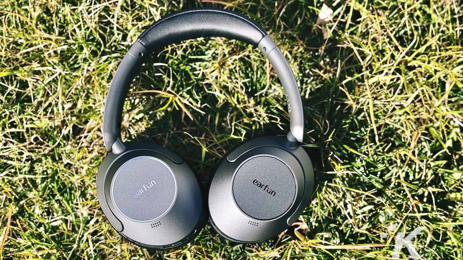 Black over-ear headphones lying on green grass.