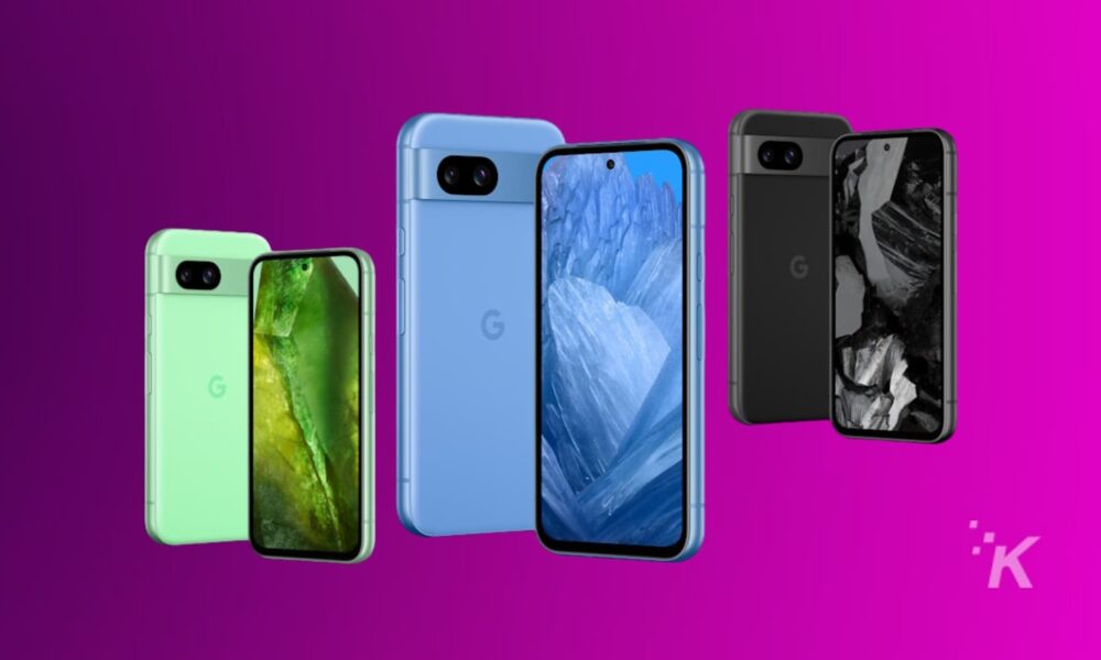 Three Google smartphones, green, blue, and black, displayed.