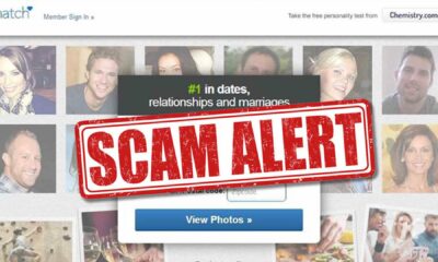 Scam alert warning over online dating website banner.