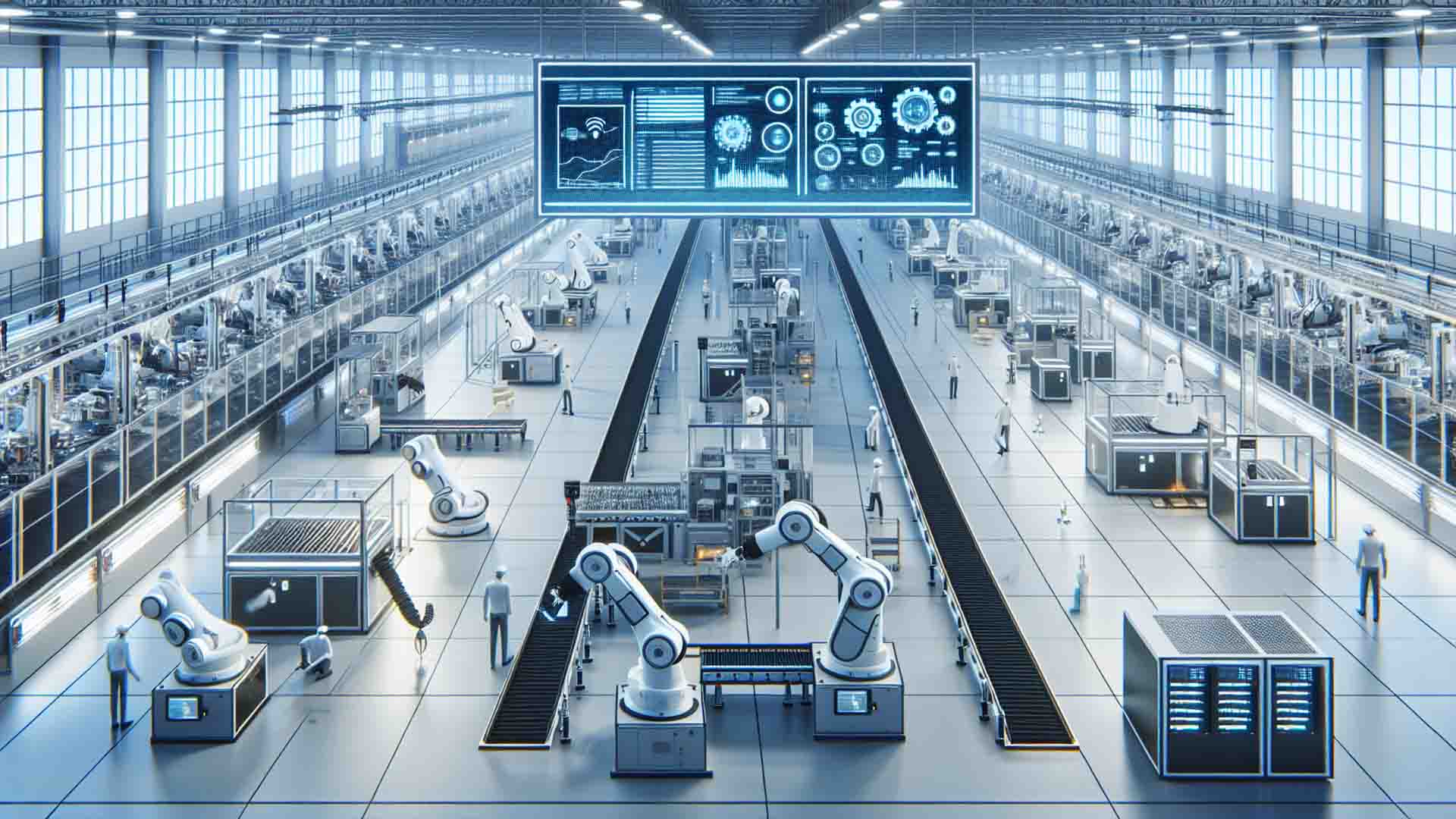 Modern automated factory floor with robotics and digital displays.