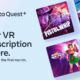 quest vr plus The image is showing a person using a virtual reality (VR) headset and holding a virtual reality gun, indicating that they are about to purchase a subscription to a VR game called "Pistol Whip" for $1 for the first month. Full Text: 00 Meta Quest+ Your VR PISTOL WHIP subscription is here. Only $1 for the first month.