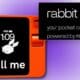 Orange device displaying rabbit with clock and battery status.