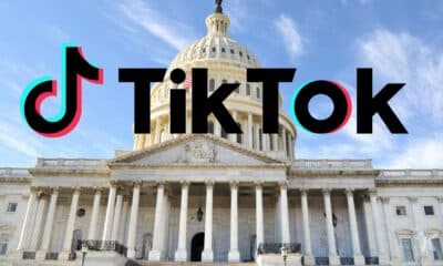 Logo of TikTok superimposed on the United States Capitol Building under a clear blue sky.
