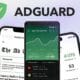 Promotional image for AdGuard showing a large logo at the top with three smartphones displaying AdGuard's features such as ad blocking, apps management, and data encryption.