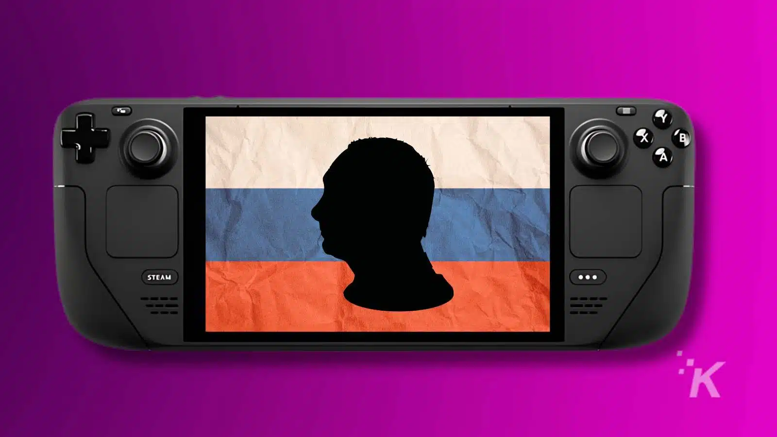A Steam handheld gaming device displaying a screen with a black silhouette of a person's profile against a background with horizontal stripes in beige, blue, and red. The device is set against a purple background with a small 'K' in the bottom right corner.
