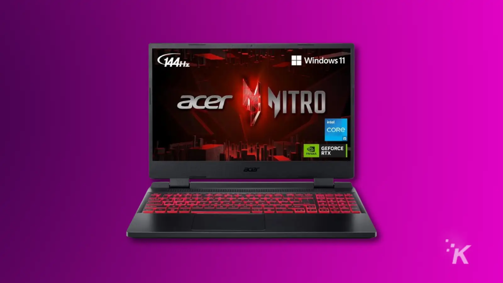 Acer Nitro laptop with Windows 11 on purple background.