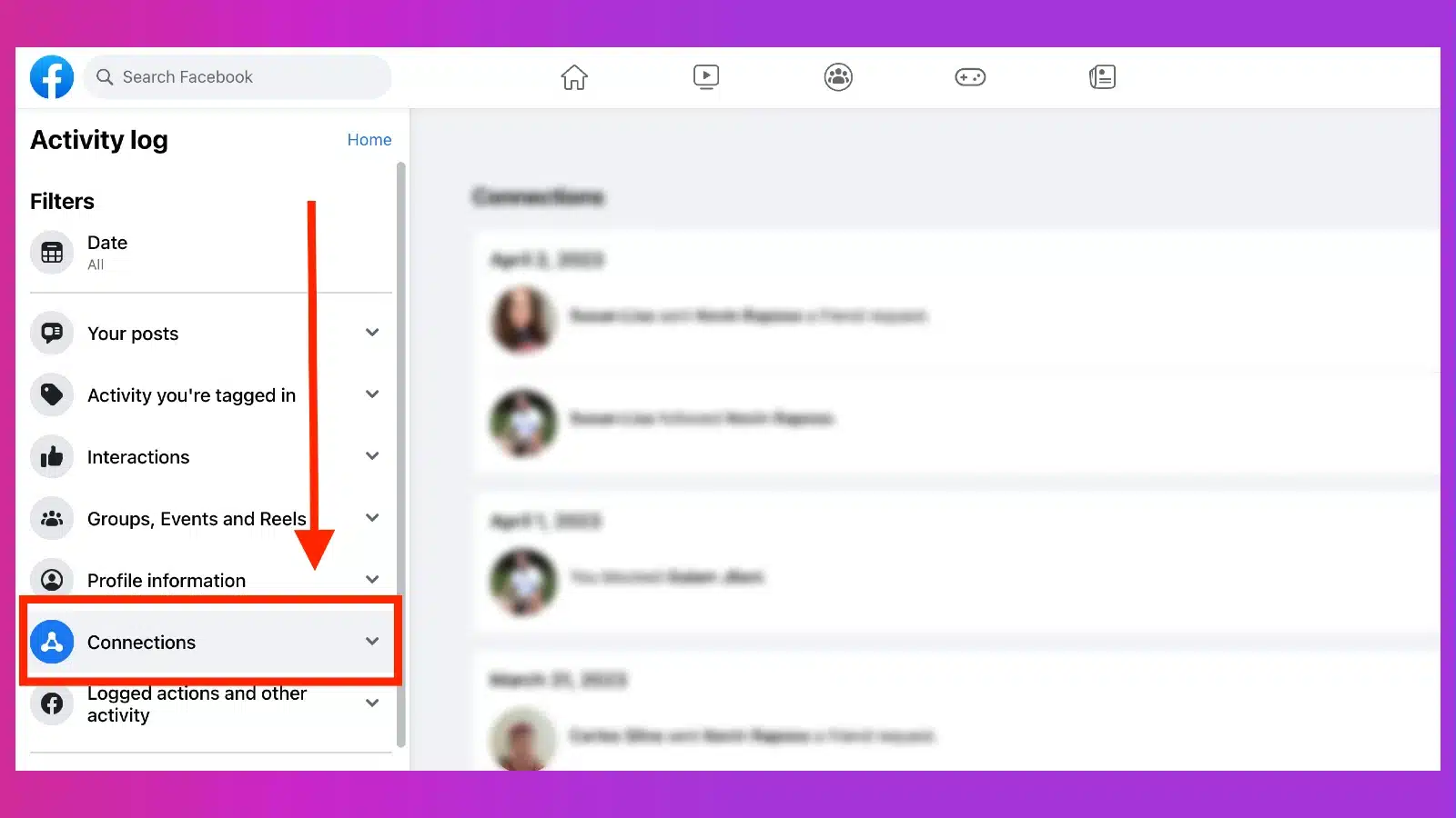 activity log and connections menu in facebook