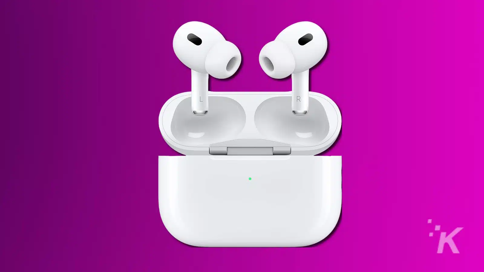White wireless earbuds open case on purple background.