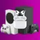 render of airpods 3 with case floating in front of two xbox consoles on a purple background