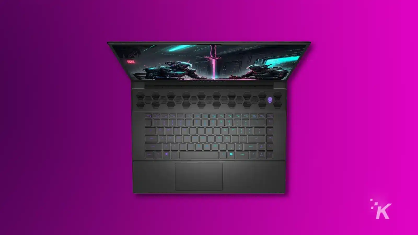 render of an alienware m16 gaming laptop on a purple background