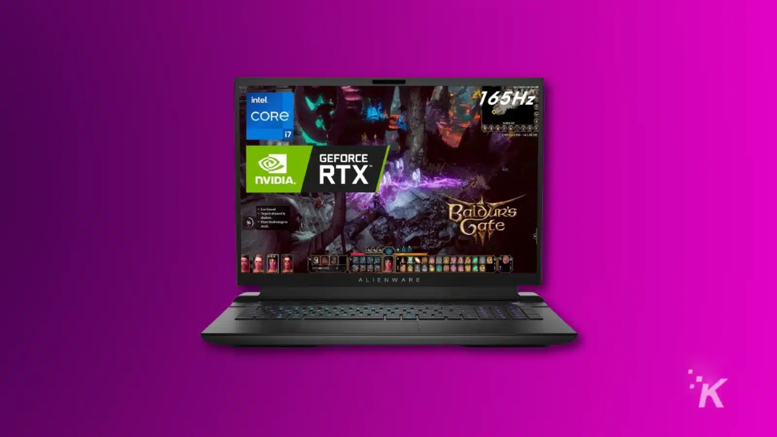 Alienware laptop displaying Baldur's Gate game, on a purple background