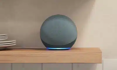 amazon echo on shelf with alexa