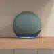 amazon echo on shelf with alexa