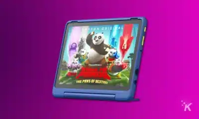 amazon fire hd 10 kids pro tablet on a purple background