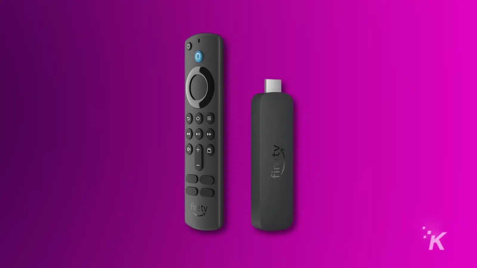 Streaming stick and remote on purple background