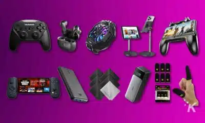Assorted android accessories on purple background.