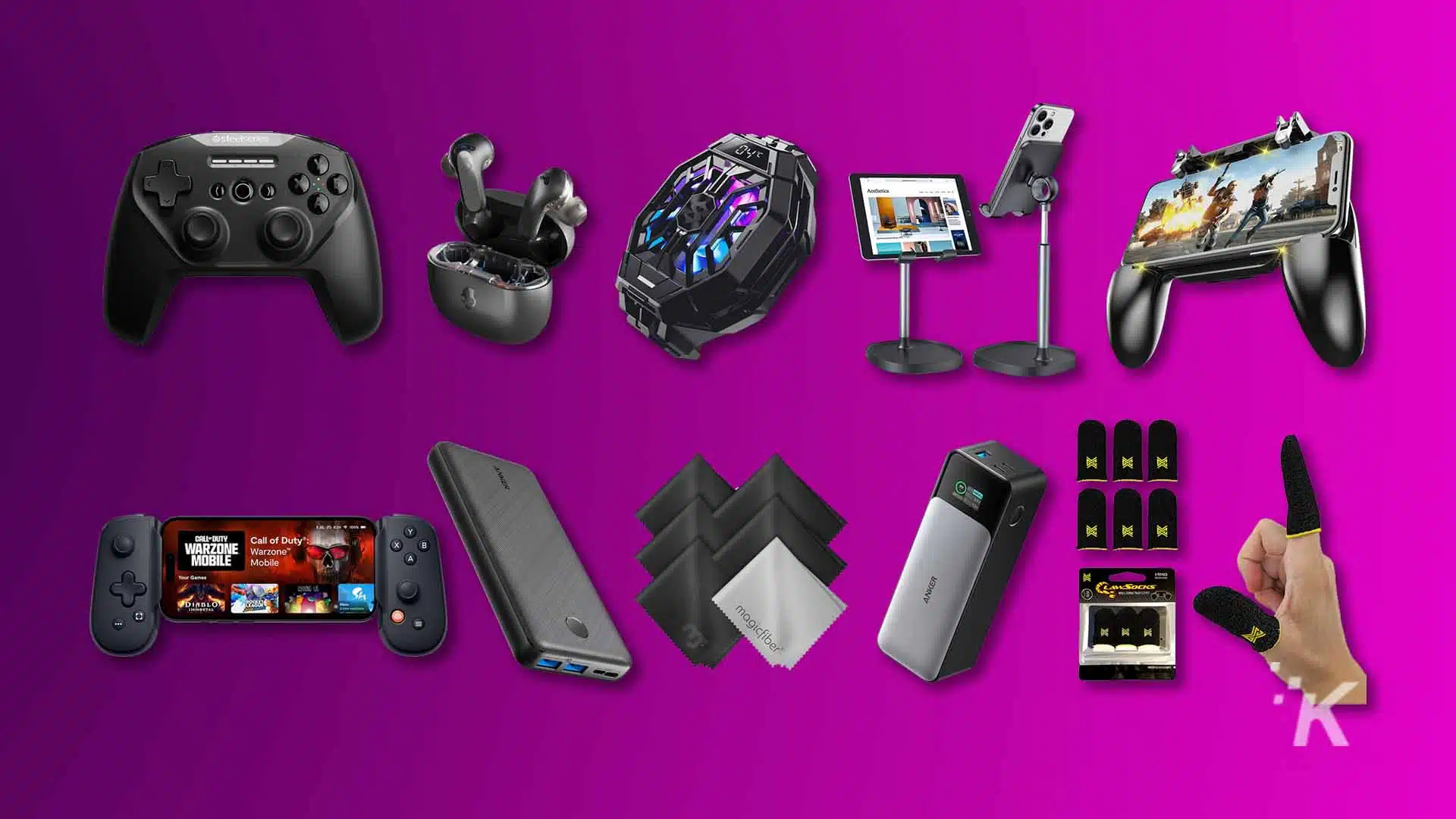 Assorted android accessories on purple background.
