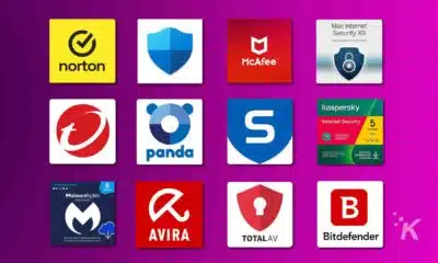 Antivirus logos on a purple background