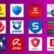 Antivirus logos on a purple background
