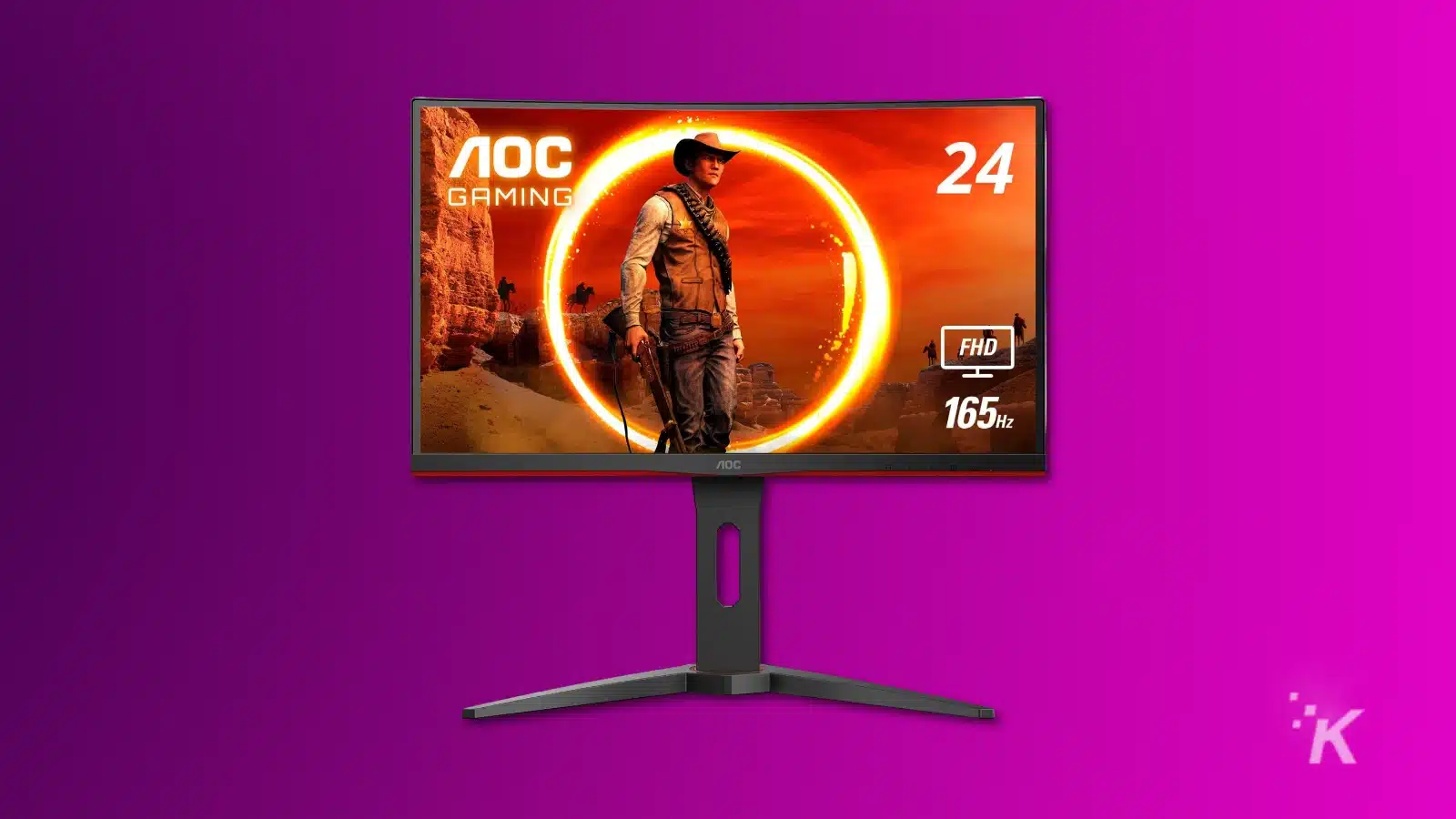 render of an aoc gaming monitor on a purple background
