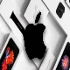 apple logo with apple products blurred in the background