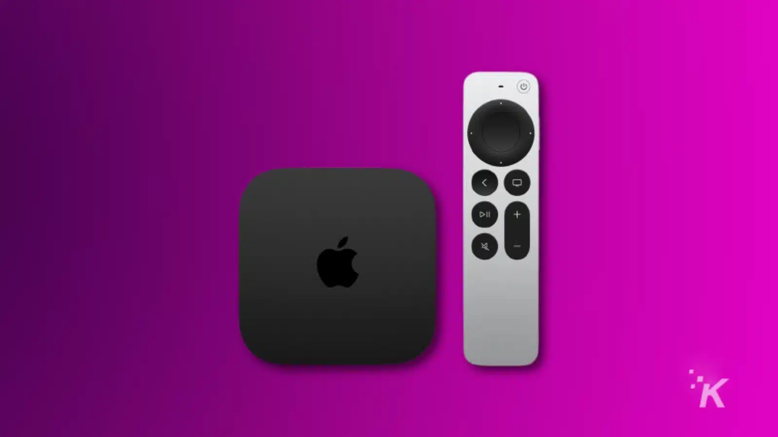 Apple TV box and remote on purple background.