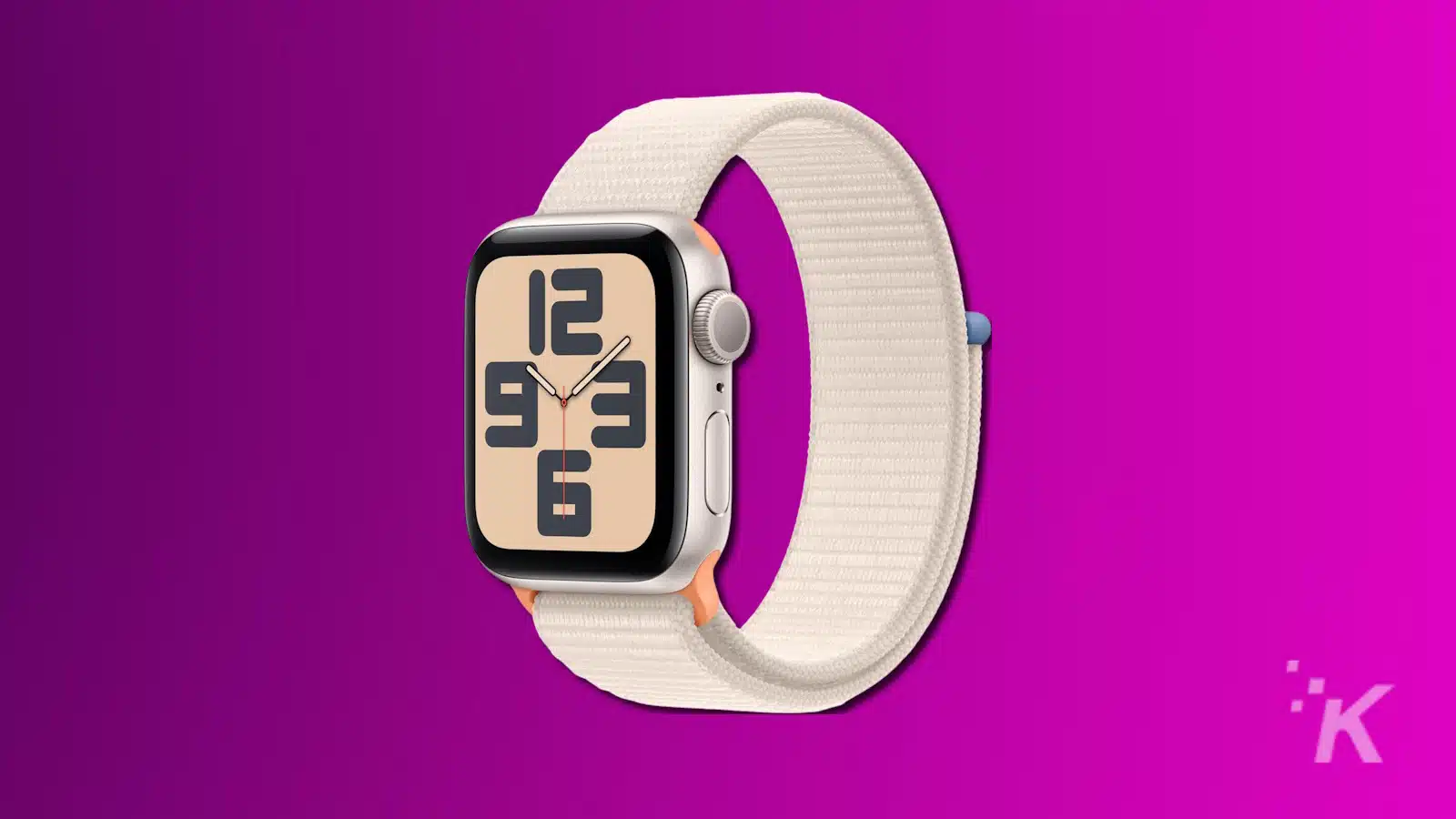 Smartwatch with large digital display on purple background.