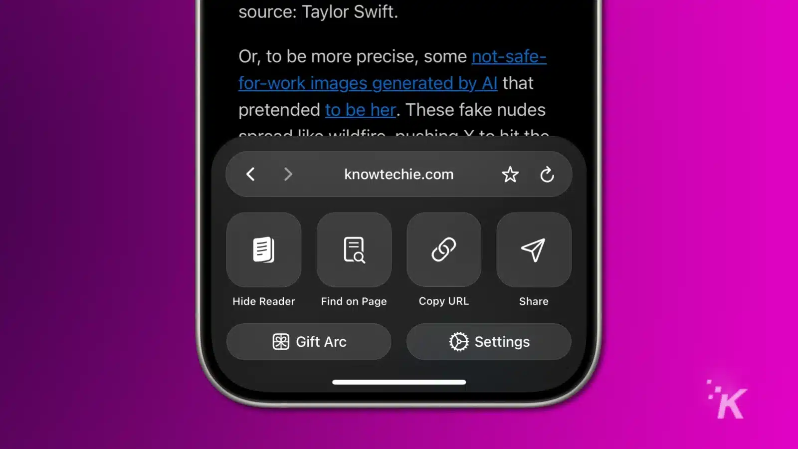arc search ios browser reader mode showing the knowtechie website