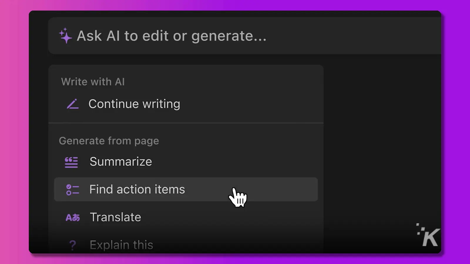 Notion AI interface in purple background.