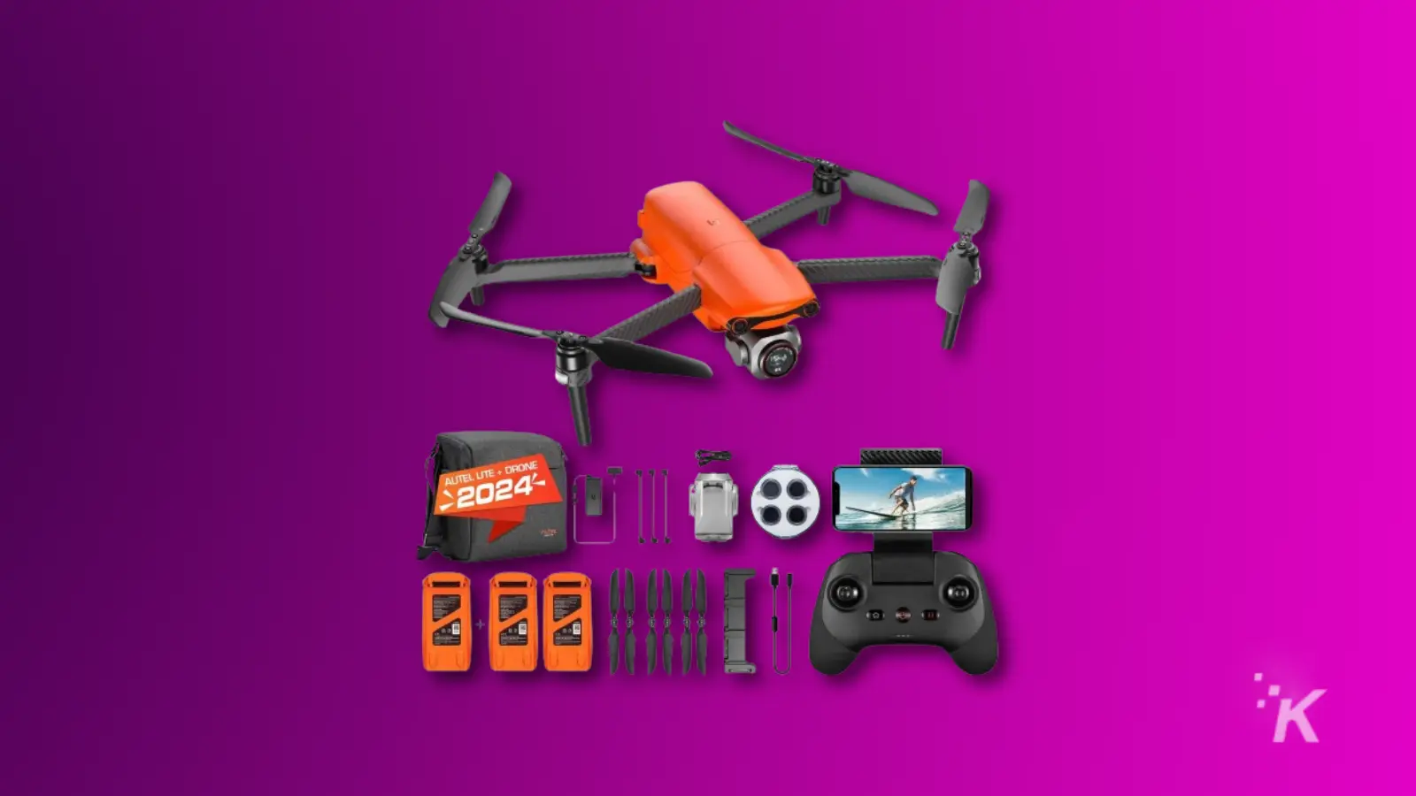render of an autel evo lite plus drone and accessories on a purple background