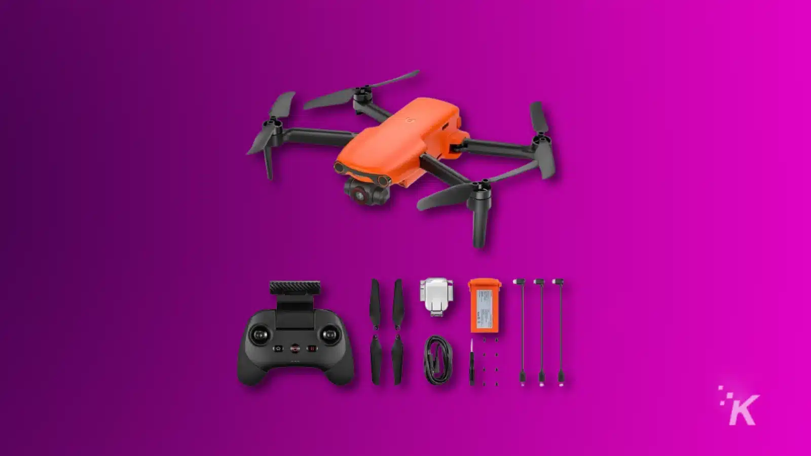 render of an autel evo nano plus drone and accessories on a purple background