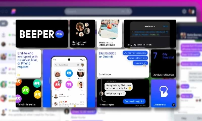 This is a promotional image for a messaging app called Beeper, featuring interface elements like chat examples, encryption claims, and a free trial offer.