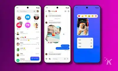 The image displays three smartphones showcasing a colorful messaging app interface with chat lists, individual message exchanges, and a shared photo with reactions.
