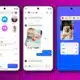 The image displays three smartphones showcasing a colorful messaging app interface with chat lists, individual message exchanges, and a shared photo with reactions.