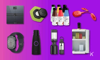 fitness tech products on purple background