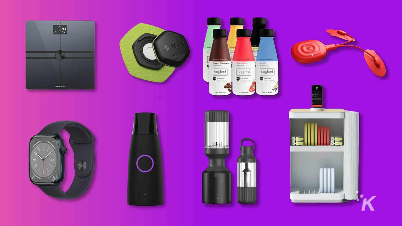 fitness tech products on purple background