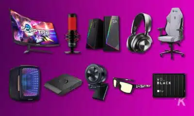 Gaming peripherals and accessories on purple background.