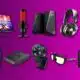 Gaming peripherals and accessories on purple background.