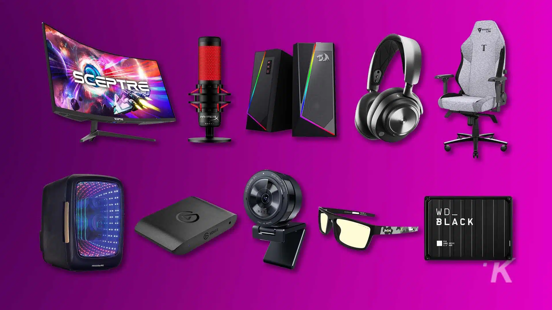 Gaming peripherals and accessories on purple background.