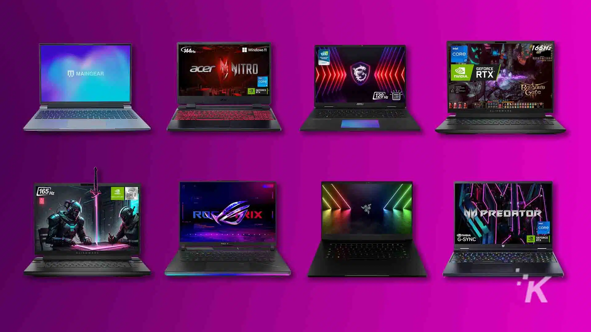 Eight gaming laptops on a purple background.