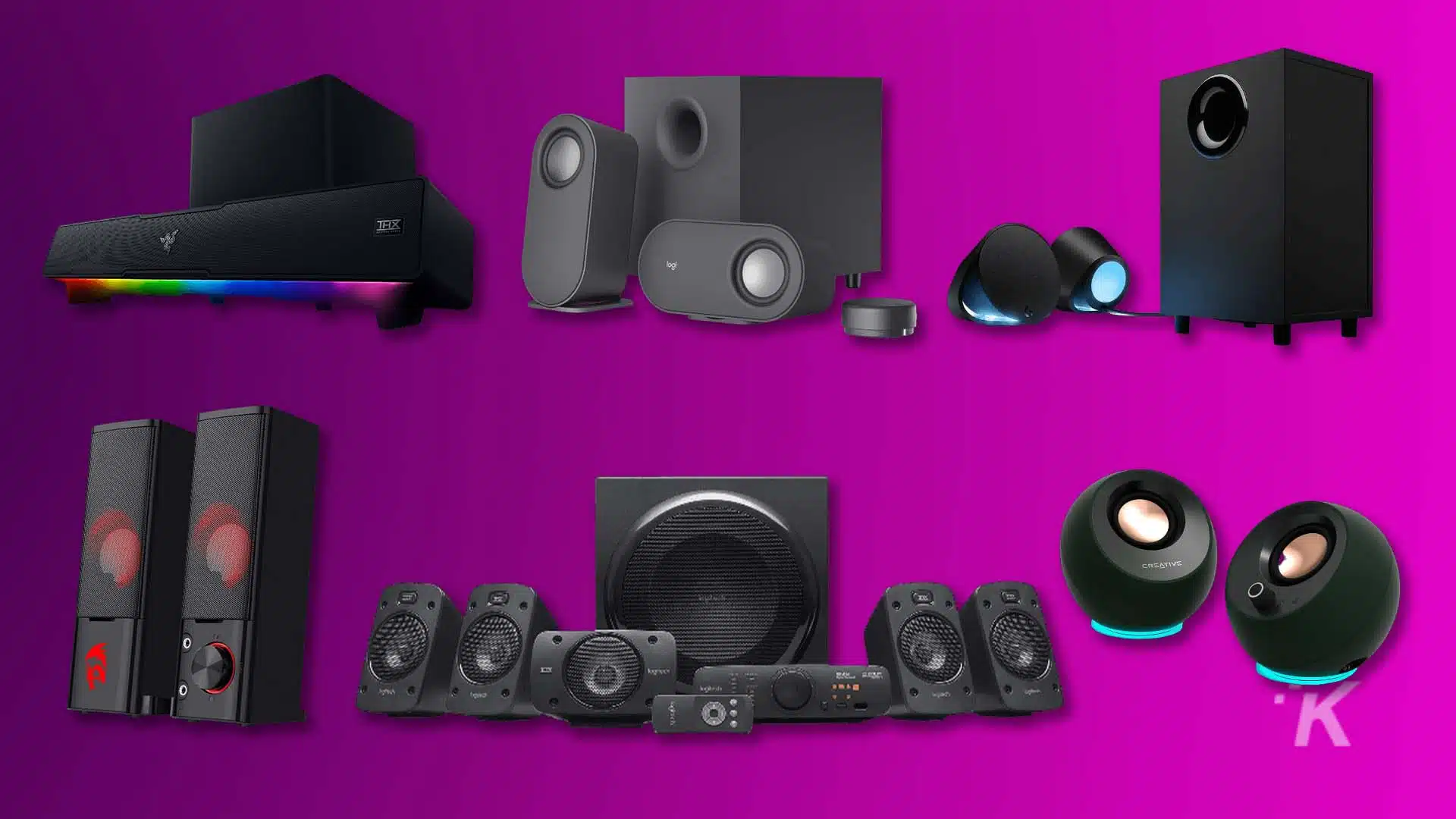 Assorted home audio speaker systems on purple background.