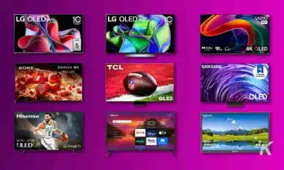Various brands' latest TVs displayed on purple background.