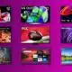 Various brands' latest TVs displayed on purple background.