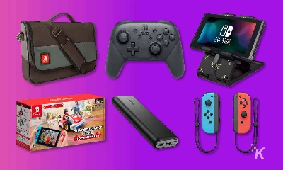 Nintendo Switch accessories in purple background