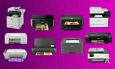 A group of printers in a purple background.