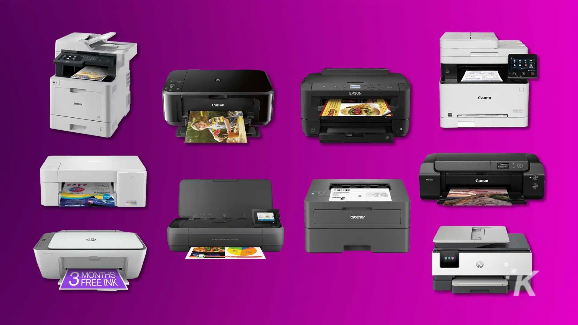 A group of printers in a purple background.