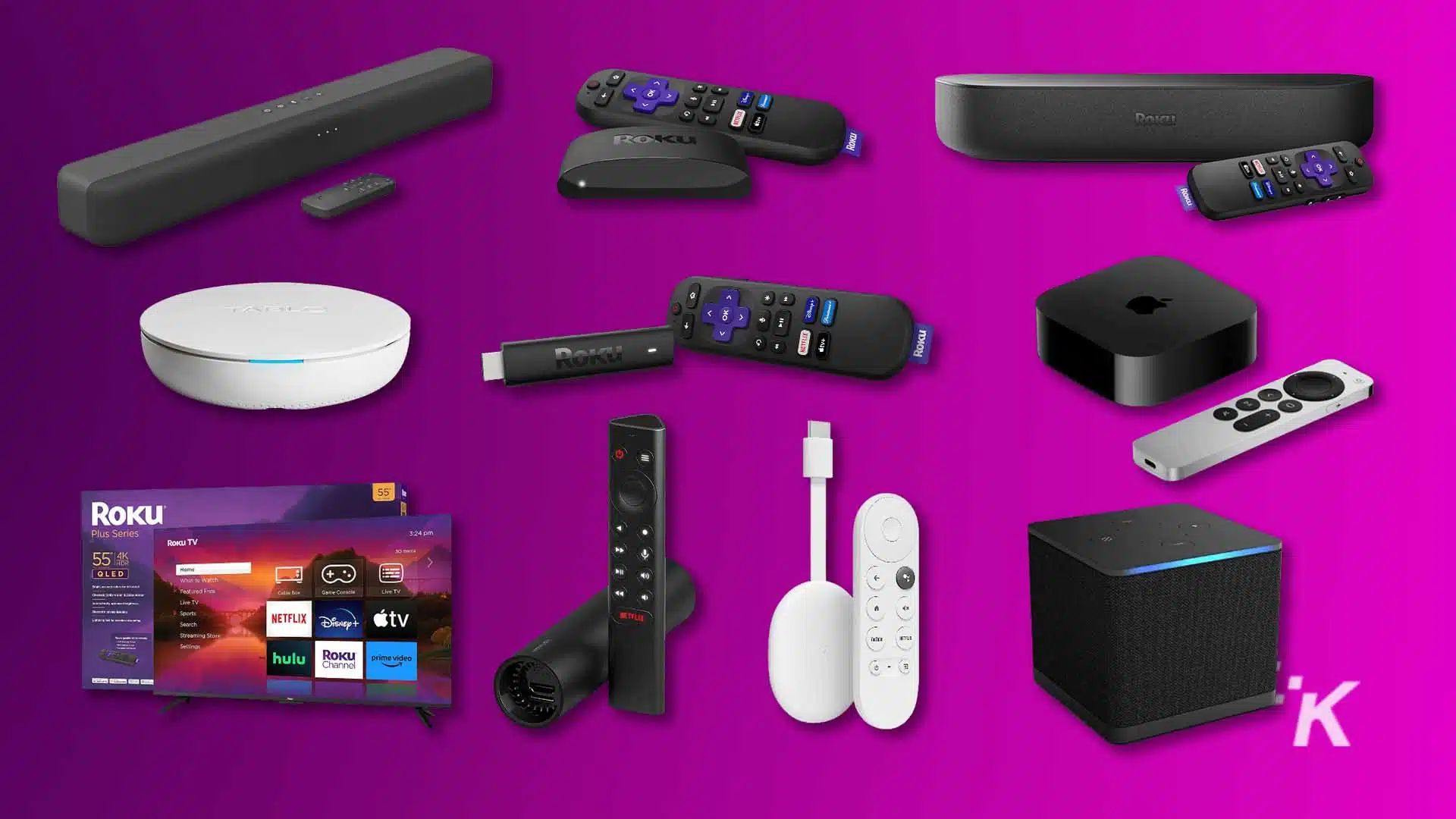 Various streaming devices and remotes on purple background.