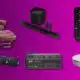 Home theater gadgets and massage recliner on purple background.